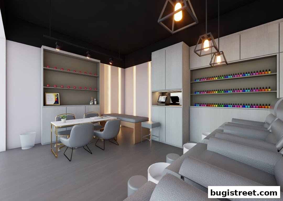 Interior of a modern nail salon with pedicure chairs, manicure stations, and shelves of nail polish.