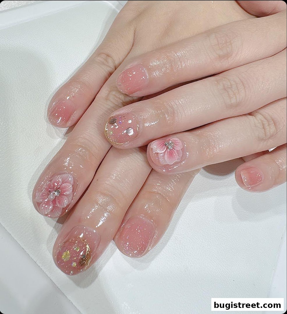 Close-up of hands with beautifully decorated pink nails featuring floral designs and glitter.