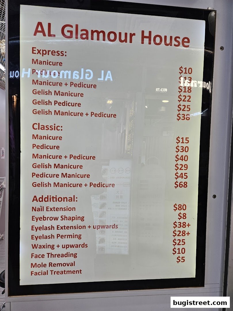 A menu board for Al Glamour House, listing various beauty services and prices.