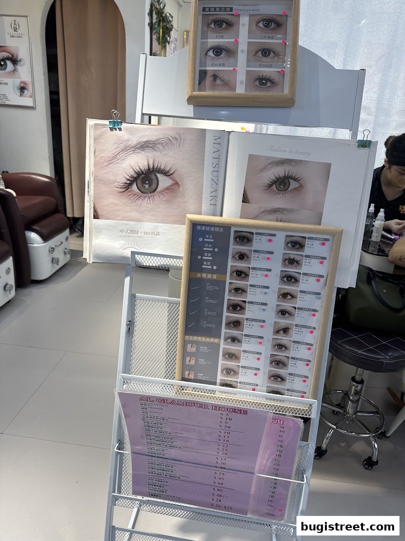 A display of eyelash styles and services offered at Al Glamour House.