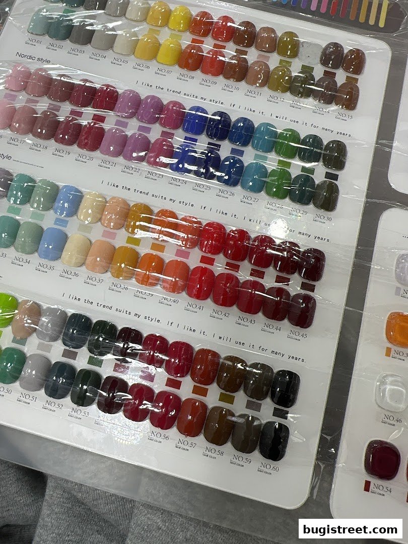 A display of various nail polish colors arranged by number and style.
