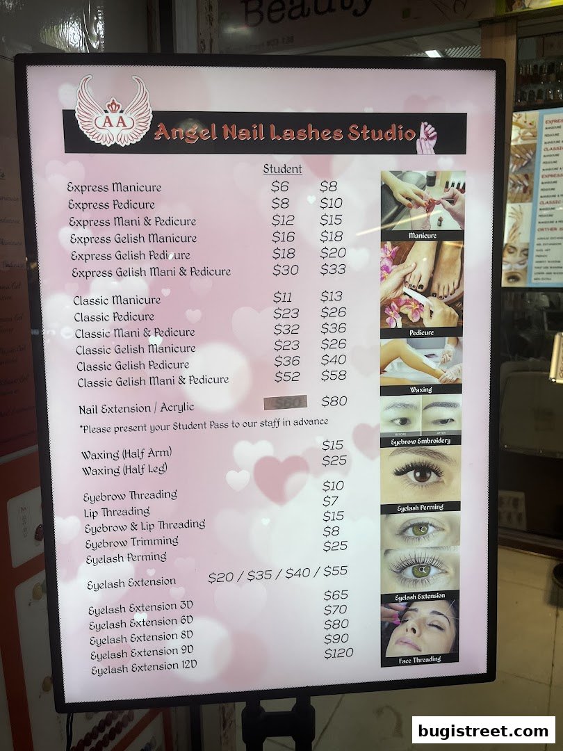 A menu board for Angel Nail Lashes Studio, displaying prices for various nail and beauty services.