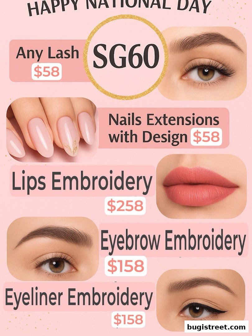 A price list for beauty services including lashes, nails, lips, eyebrows, and eyeliner.