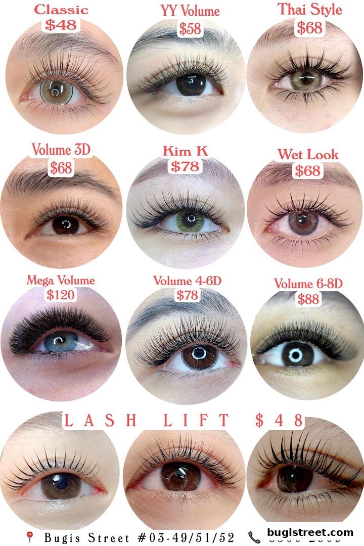 A collage showcasing various eyelash extension styles and lash lift services with prices.
