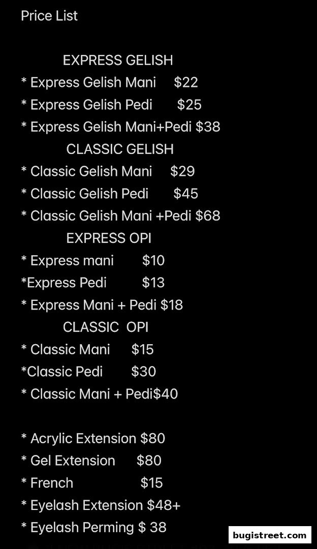 A price list for nail and eyelash services offered by Best Of You Brow Lash Nail.