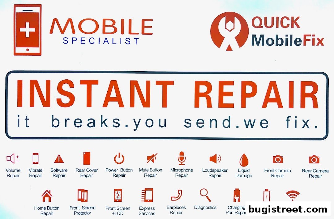A sign for 'Break Fix' mobile repair services, listing various instant repair options.