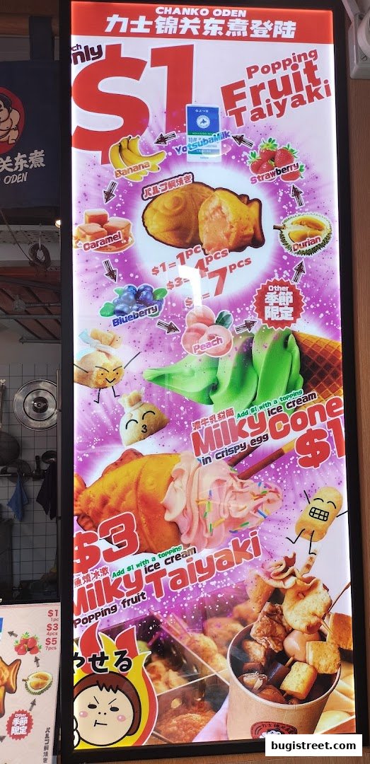 A vibrant menu board for Chanko Oden featuring Popping Fruit Taiyaki and Milky Cone ice cream.
