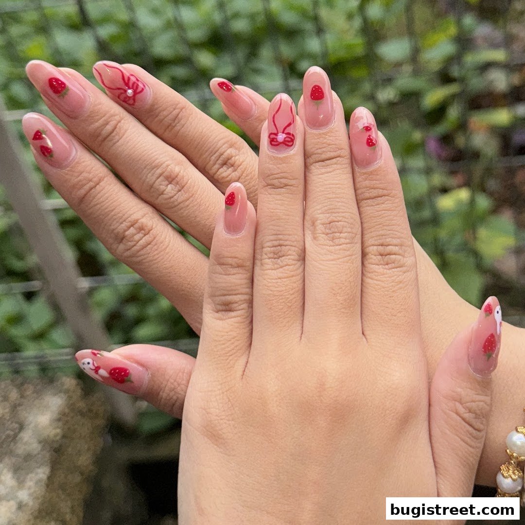 Close-up of hands with clear nails adorned with strawberry and bow designs.
