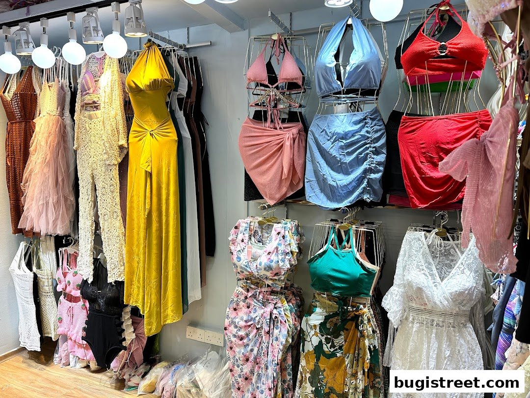 A vibrant display of women's fashion, featuring dresses, swimwear, and stylish outfits.