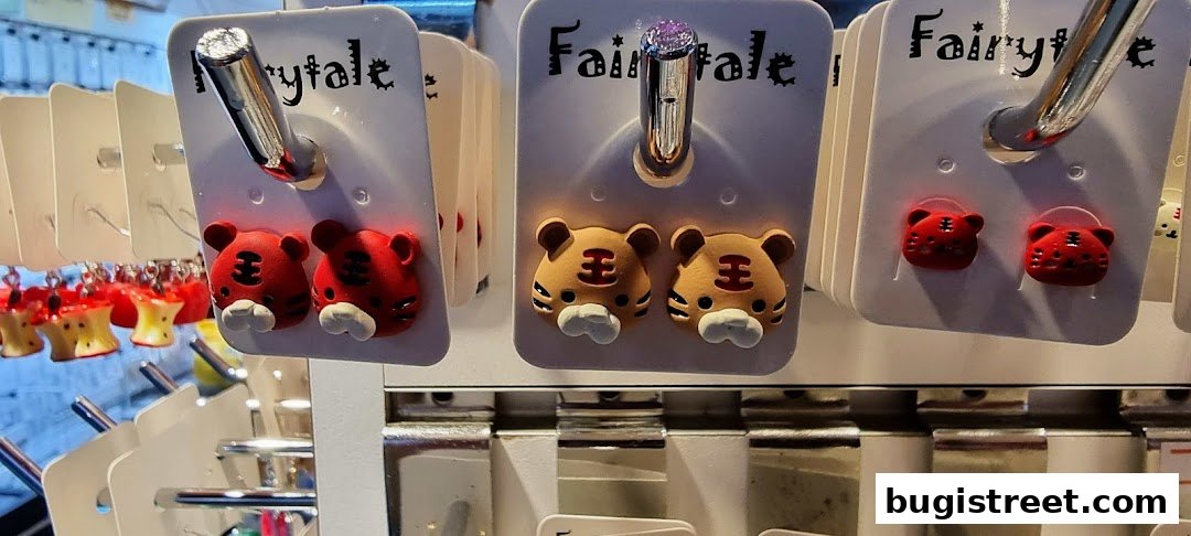 Close-up of cute tiger-themed earrings displayed on white cards at a retail shop.