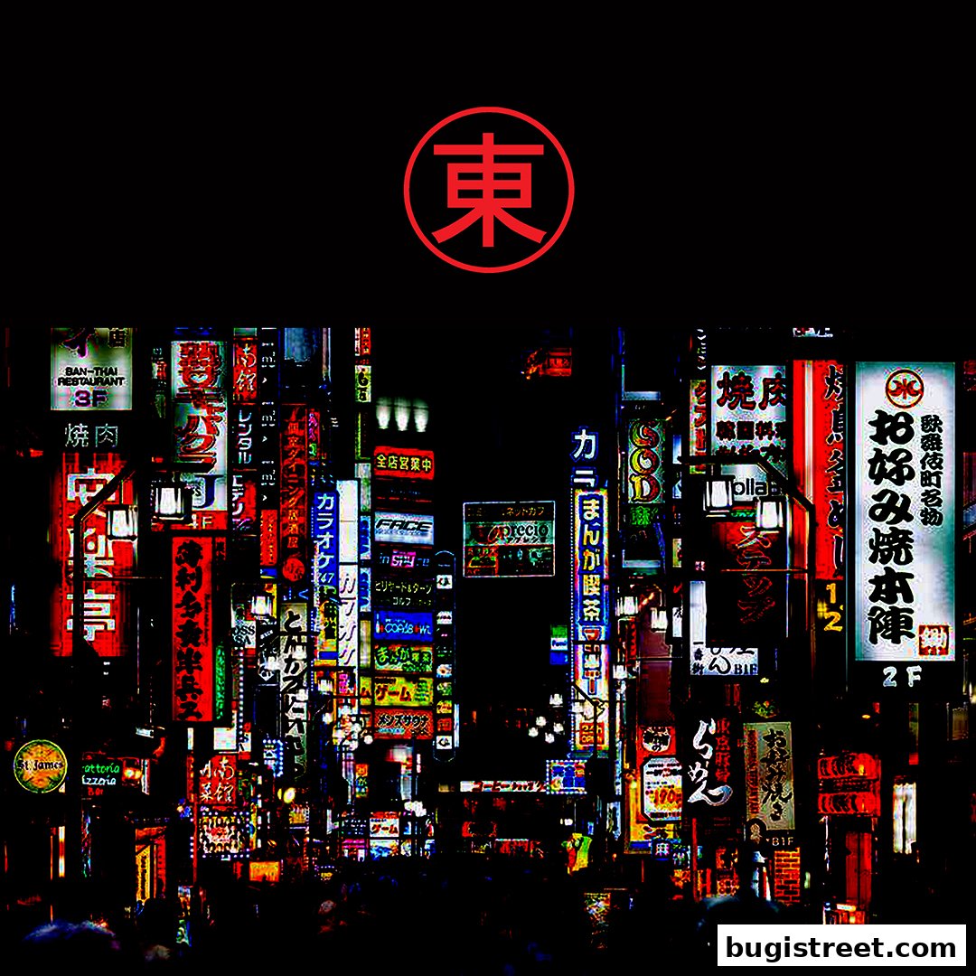 A vibrant street scene at night filled with colorful neon signs in Japanese.