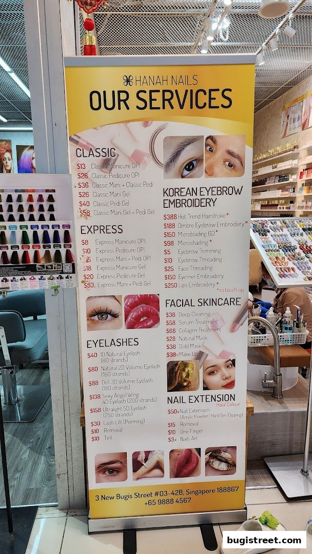 A service menu for Hanah Nails, detailing prices for manicures, pedicures, eyebrow services, eyelashes, and nail extensions.