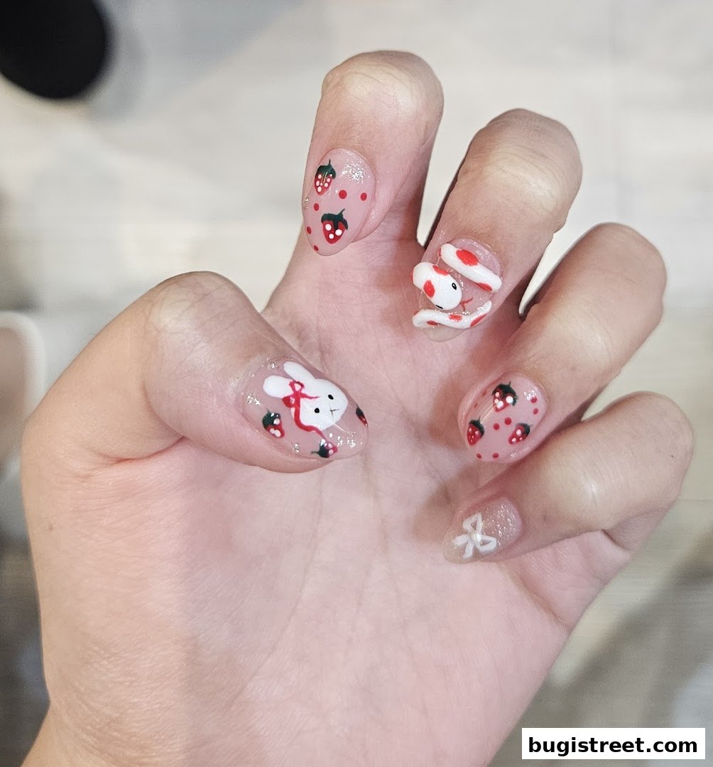A hand with intricately designed nails featuring cute bunny and strawberry art.