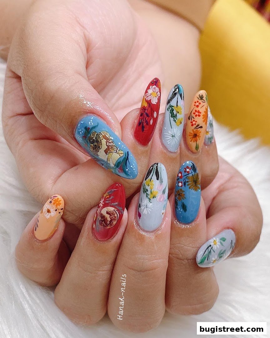 A hand displaying intricately designed nails with floral and artistic patterns in various colors.