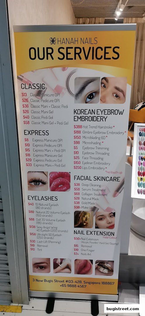A menu board for Hanah Nails showcasing various services like manicures, pedicures, eyelash extensions, and eyebrow embroidery.