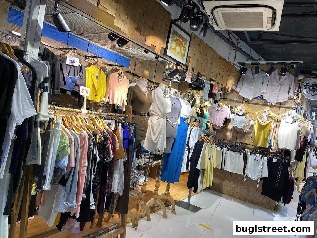 A well-lit boutique shop displaying a variety of women's clothing on racks and mannequins.