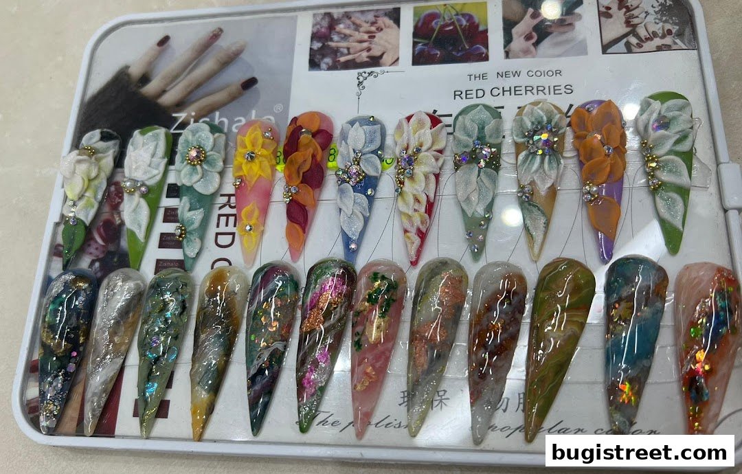 A display of intricately designed artificial nails with floral and abstract patterns.