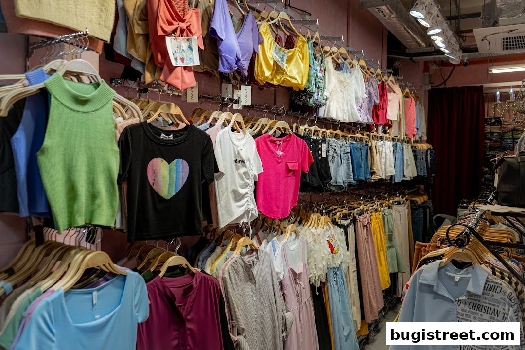 A boutique shop interior filled with a wide variety of trendy women's clothing on display.