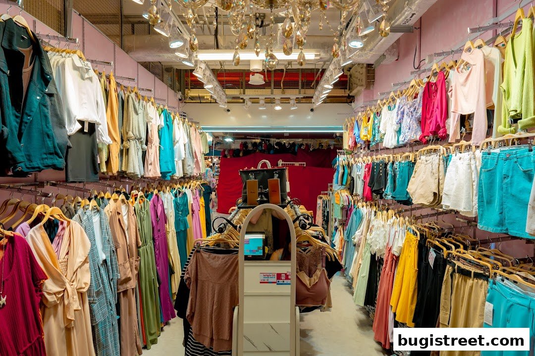 Interior view of a boutique with racks of colorful women's clothing and accessories.