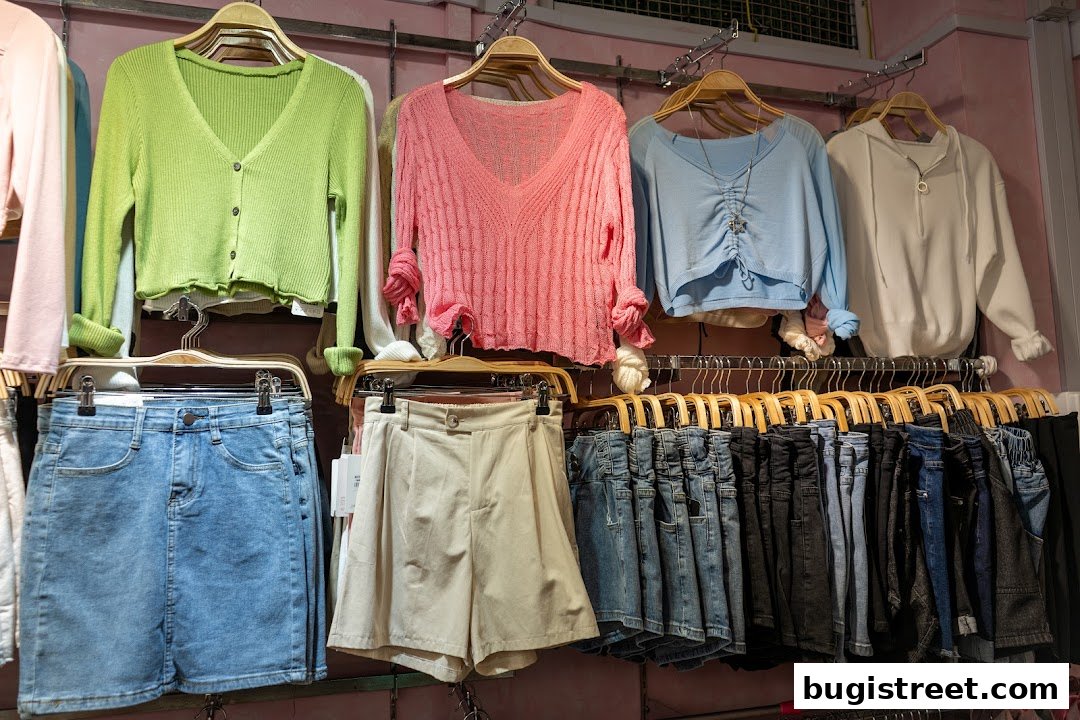 A display of trendy women's clothing, including sweaters, skirts, and jeans, neatly arranged on hangers.