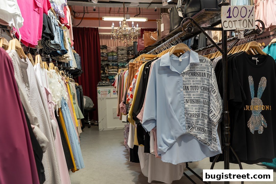 Interior view of a boutique with racks of colorful women's clothing and a sign indicating 100% cotton.