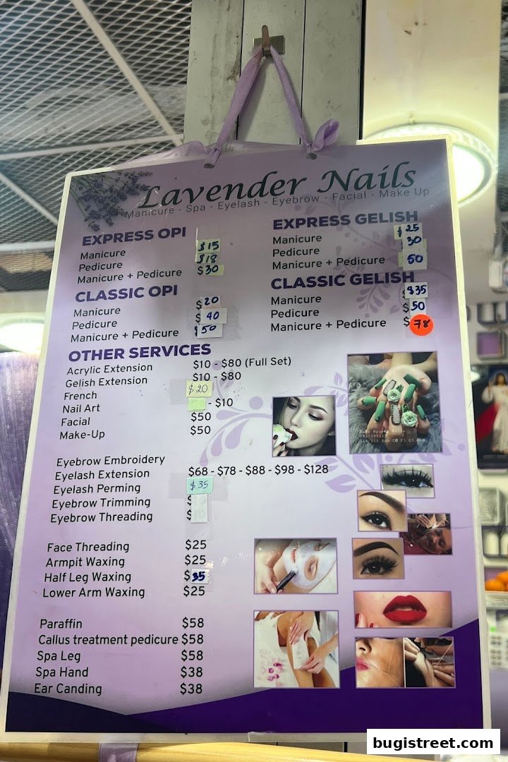 A price list for Lavender Nails, showcasing various manicure, pedicure, and beauty services with prices.