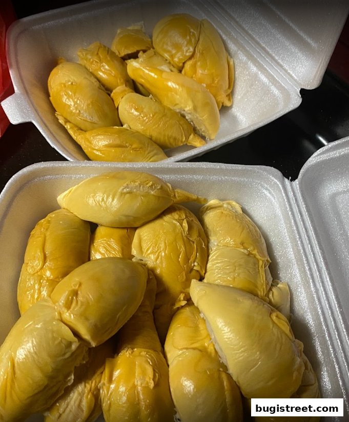 Two styrofoam containers filled with fresh, ripe durian fruit segments.