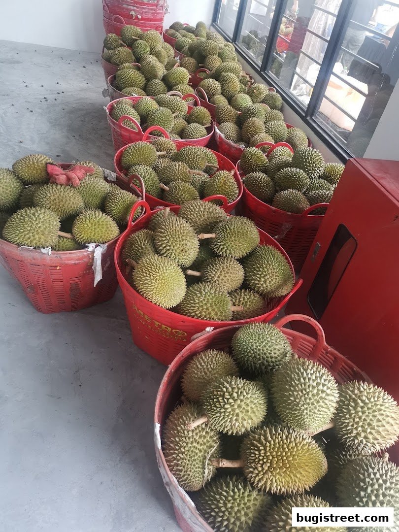 Baskets overflowing with fresh durian fruits, ready for sale.