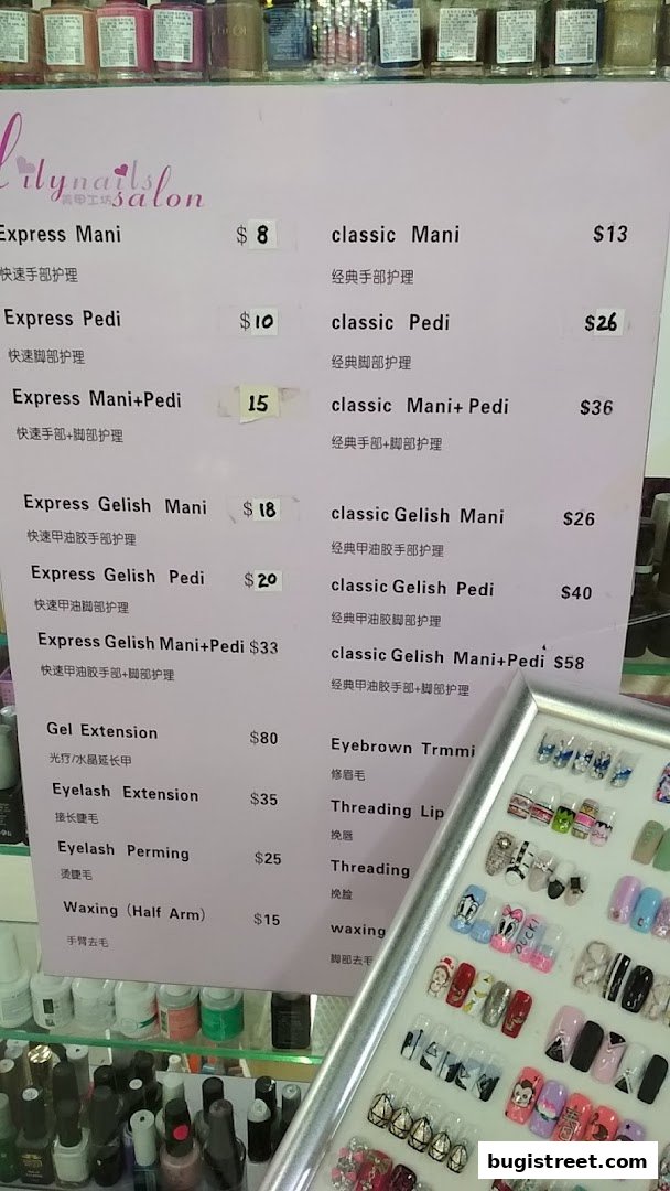 A menu board for Lily Nails Salon displaying various nail and beauty services with prices.
