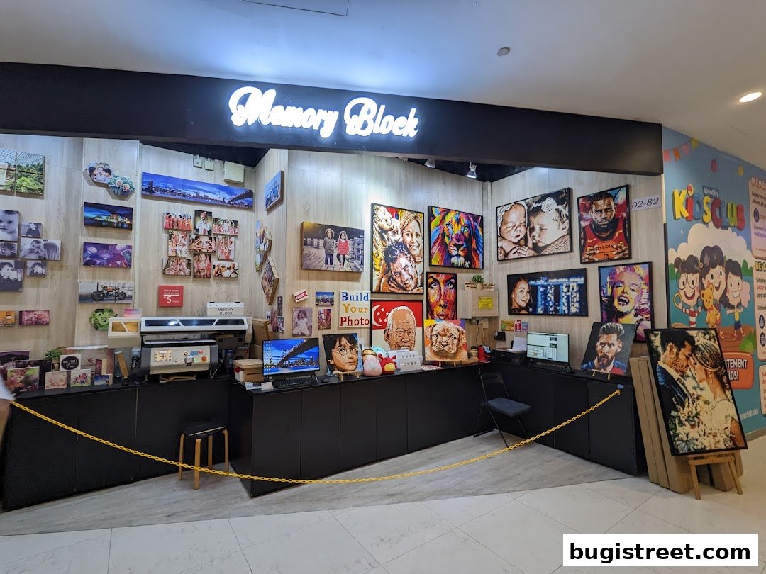 A shop displaying custom photo art and printing services, featuring portraits and landscapes.