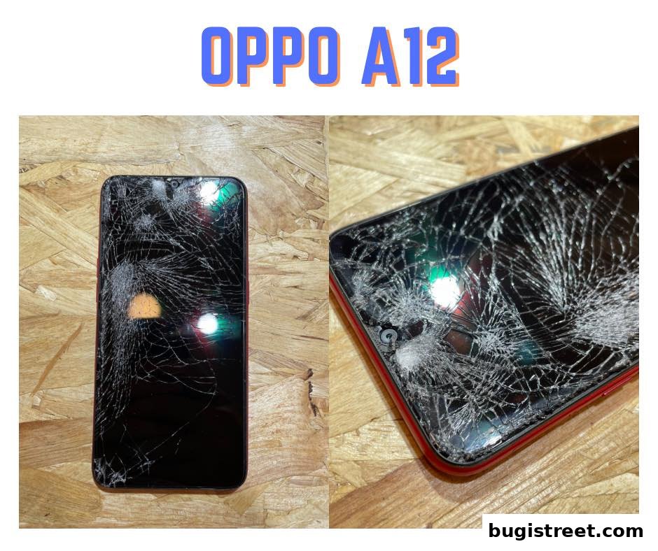 Two close-up views of a cracked OPPO A12 smartphone screen.