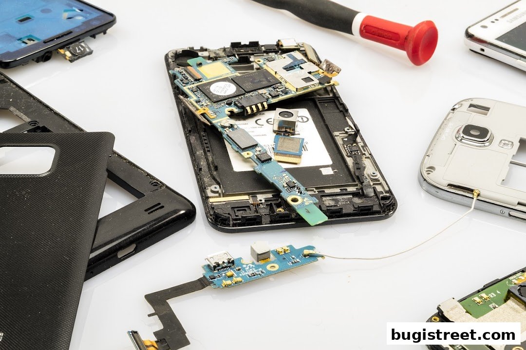 Disassembled smartphones and a screwdriver laid out on a white surface, suggesting repair.