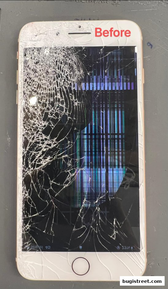 A cracked iPhone screen with the word 'Before' in red text at the top.
