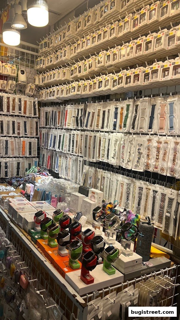 A shop interior displaying a wide variety of watch straps and accessories.