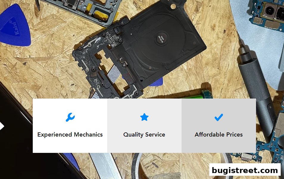 Mobile phone repair parts and tools laid out on a wooden surface.