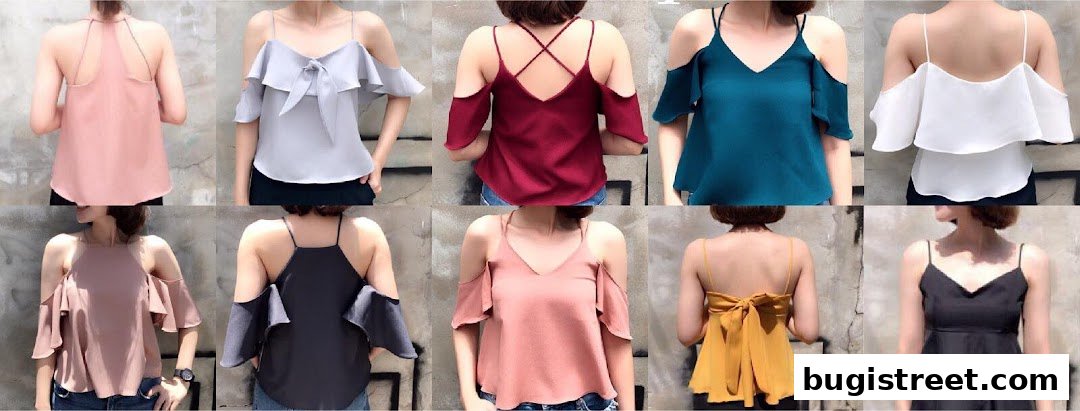 Collage of women wearing various stylish cold-shoulder tops in different colors.