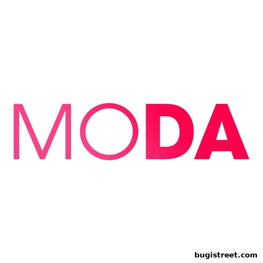 The word MODA in large pink letters on a white background.