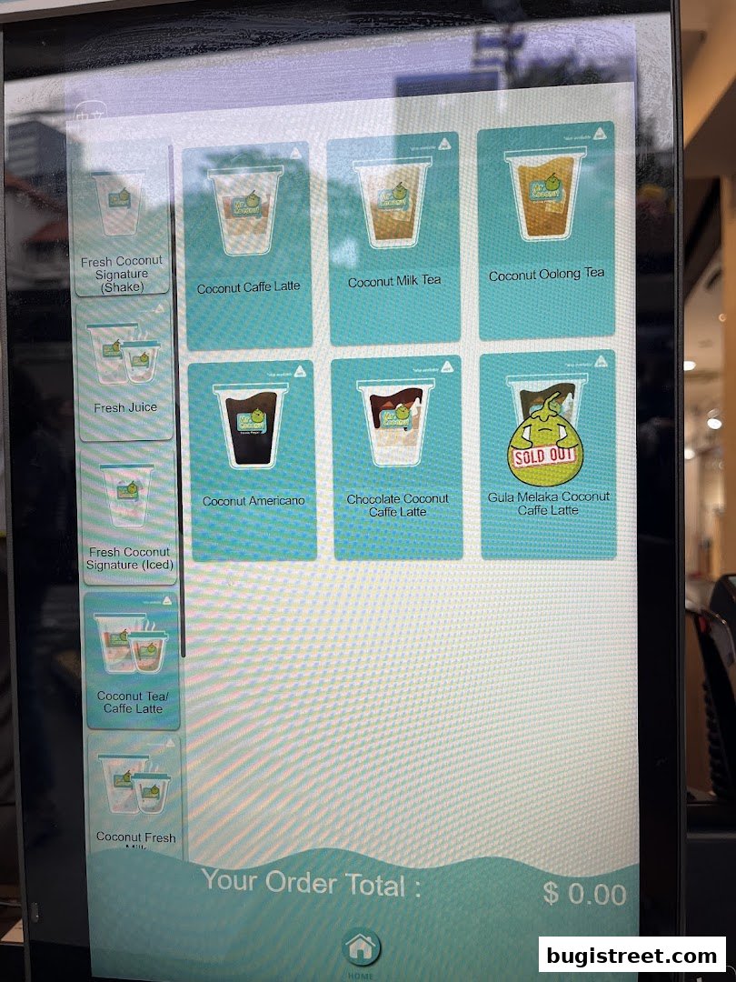 A digital menu displaying various coconut-based drinks and beverages from Mr. Coconut.