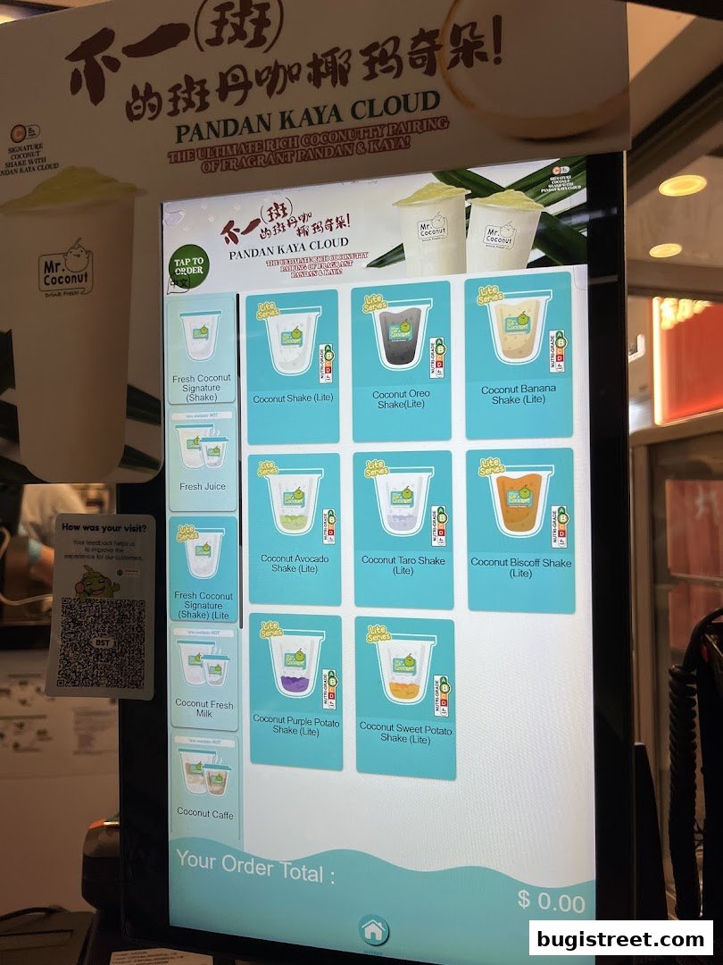 A digital menu displaying various coconut shakes and drinks from Mr. Coconut.