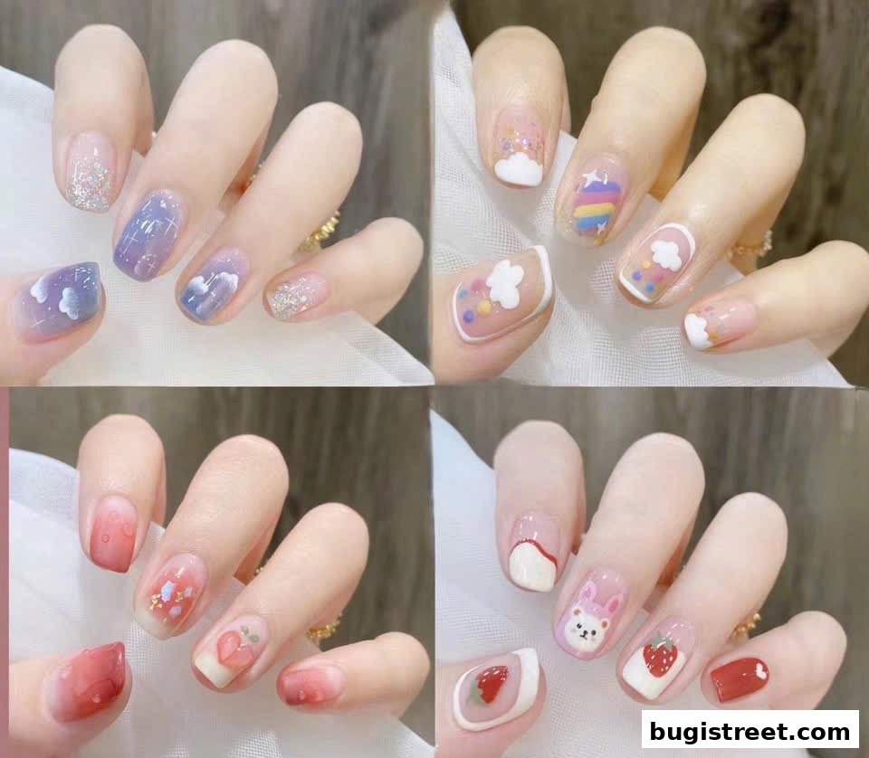 Collage of four different styles of artistic nail designs featuring clouds, rainbows, fruits, and glitter.