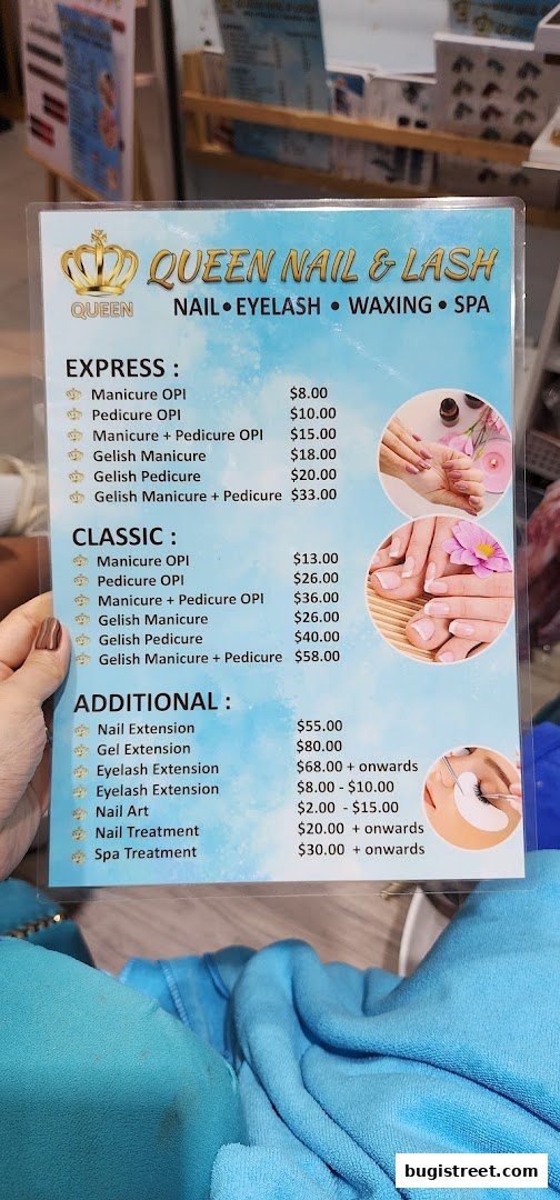 A menu for Queen Nail & Lash offering express, classic, and additional nail and lash services.