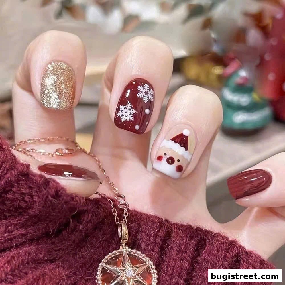 Close-up of hands with festive Christmas-themed nails and a necklace.