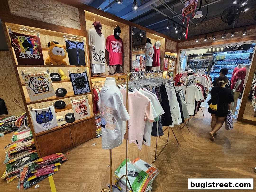 Interior view of a clothing store with t-shirts, shorts, and accessories displayed on shelves and racks.