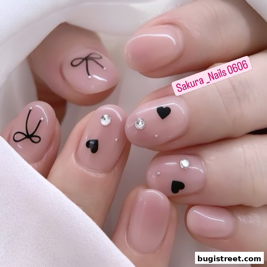 Close-up of hands with delicate pink nails adorned with black bows, hearts, and rhinestones.