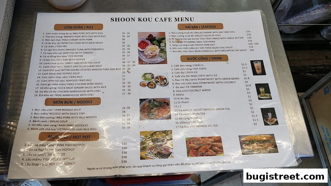 A menu from Shoon Kou Cafe featuring Vietnamese dishes and drinks with prices.