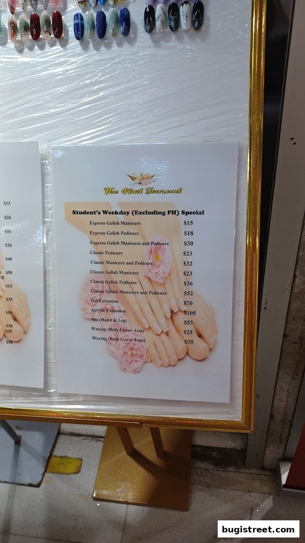 A menu for The Nail Journal featuring student specials and various nail and waxing services.