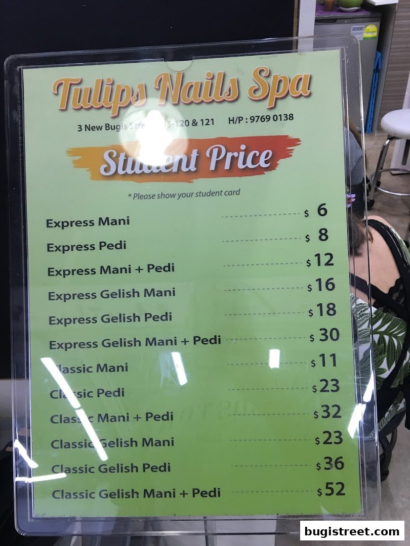 A price list for Tulips Nails Spa showing student prices for various nail services.