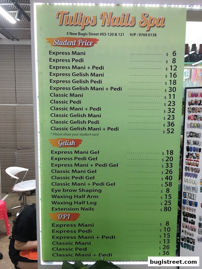 A price list for Tulips Nails Spa, detailing services like manicures, pedicures, and waxing.