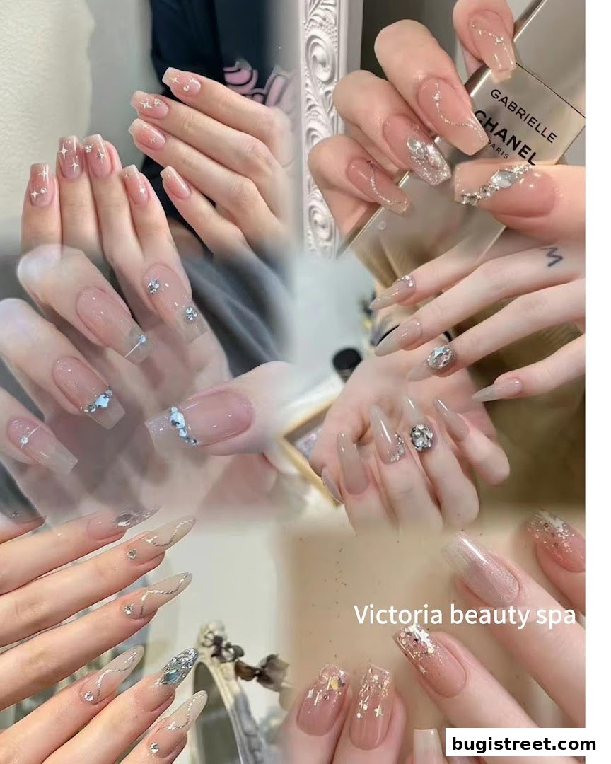 Collage of various beautifully designed manicures with gems and glitter.