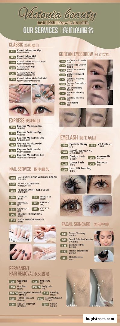 A menu showcasing various beauty services including nails, lashes, brows, facials, and hair removal with prices.